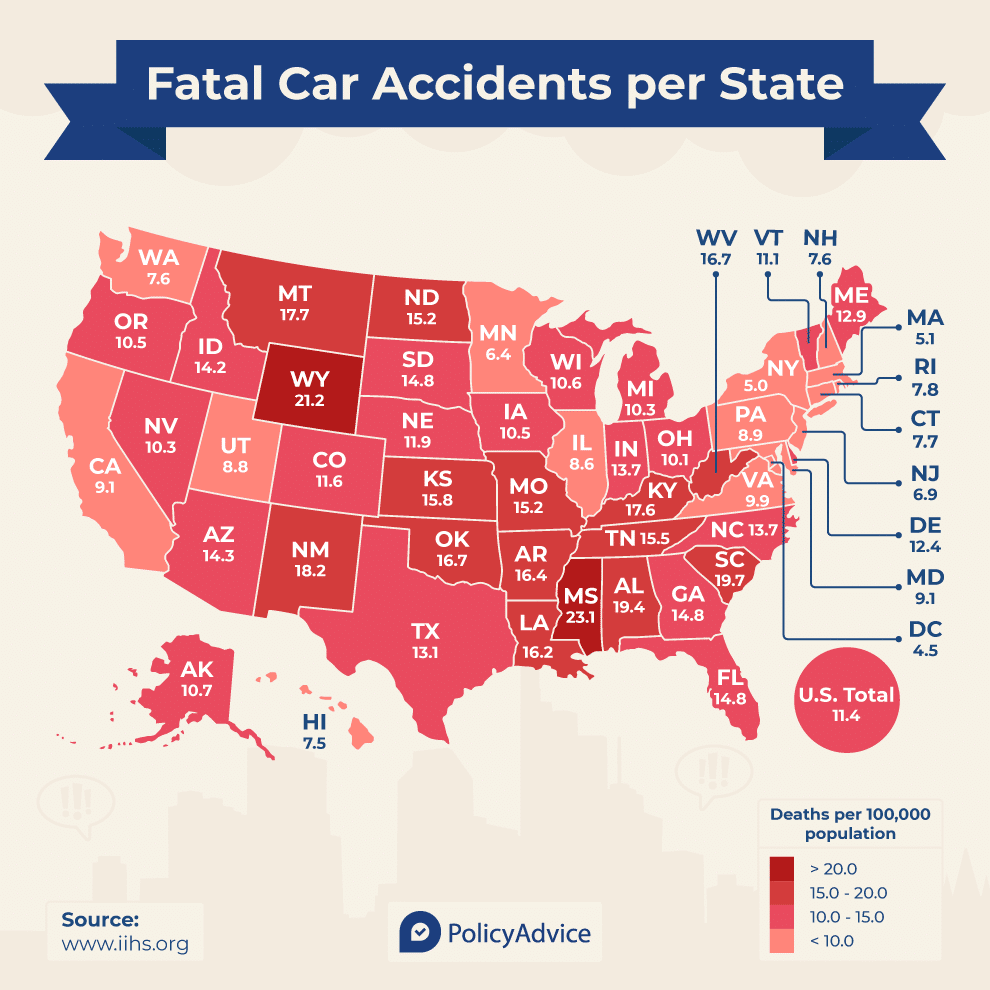 A map showing the number of car accidents fatalities by state in the USA